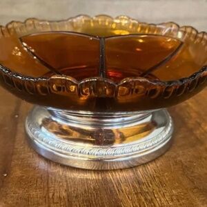 Krome Kraft Farber Brothers amber glass silverplated pedestal divided dish